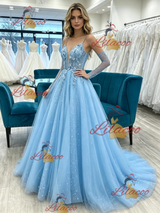 Blue Tulle Spaghetti Straps Prom Dress