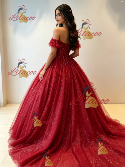 Burgundy Tulle Off the Shoulder Quinceanera Dress