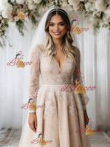 Champagne Tulle Lace Long Sleeve Wedding Dress