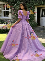 Purple Tulle Straps Appliques Quinceanera Dress