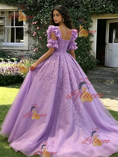 Purple Tulle Straps Appliques Quinceanera Dress