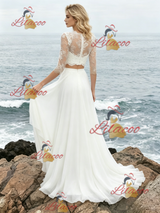 White Two PIece Long Sleeve Lace Wedding Dress