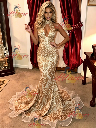 Gold Mermaid Sequins Halter Prom Dress