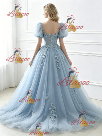 Blue Tulle Puff Sleeve Appliques Prom Dress