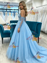 Blue Tulle Spaghetti Straps Prom Dress