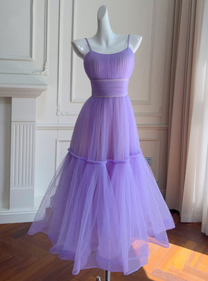 Purple Tulle Straps Pleats Prom Dress