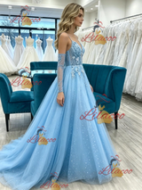 Blue Tulle Spaghetti Straps Prom Dress