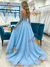 Blue Tulle Spaghetti Straps Prom Dress