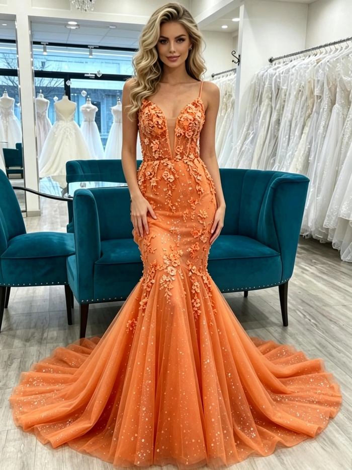 Orange Mermaid Spaghetti Straps Prom Dress