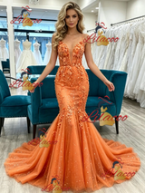 Orange Mermaid Spaghetti Straps Prom Dress