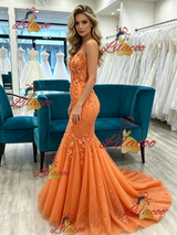 Orange Mermaid Spaghetti Straps Prom Dress