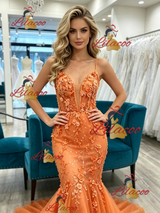Orange Mermaid Spaghetti Straps Prom Dress