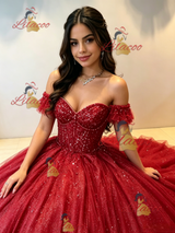 Burgundy Tulle Off the Shoulder Quinceanera Dress