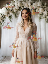 Champagne Tulle Lace Long Sleeve Wedding Dress