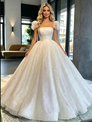 White Sequins Puff Sleeve Wedding Dress