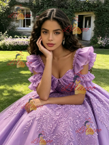 Purple Tulle Straps Appliques Quinceanera Dress
