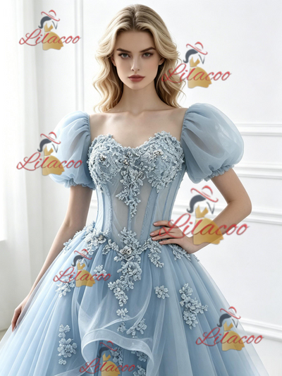 Blue Tulle Puff Sleeve Appliques Prom Dress