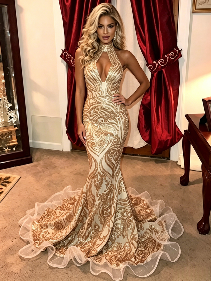 Gold Mermaid Sequins Halter Prom Dress