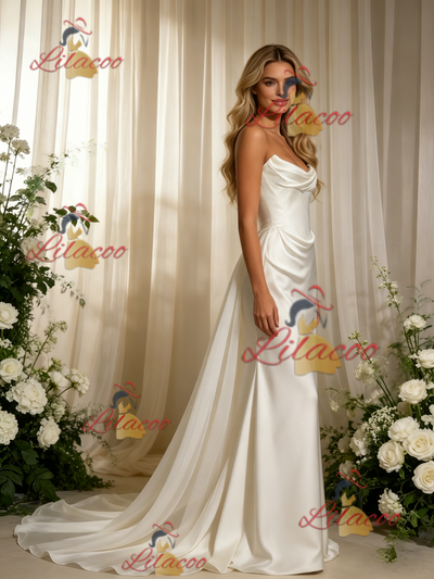 White Mermaid Satin Strapless Pleats Wedding Dress