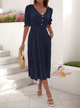 Casual Puff Sleeve Pleated V-neck Dress