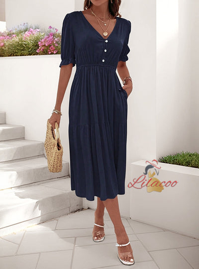 Casual Puff Sleeve Pleated V-neck Dress