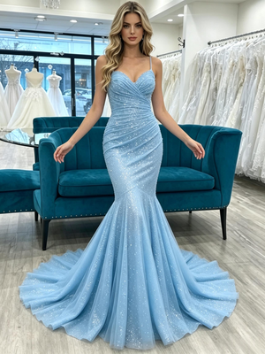 Blue Mermaid Spaghetti Straps Pleats Prom Dress