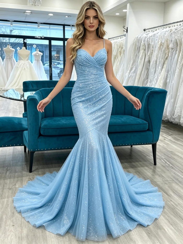 Blue Mermaid Spaghetti Straps Pleats Prom Dress