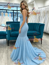 Blue Mermaid Spaghetti Straps Pleats Prom Dress