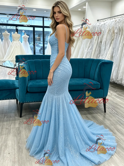Blue Mermaid Spaghetti Straps Pleats Prom Dress