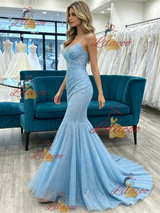 Blue Mermaid Spaghetti Straps Pleats Prom Dress