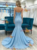 Blue Mermaid Spaghetti Straps Pleats Prom Dress