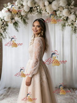 Champagne Tulle Lace Long Sleeve Wedding Dress