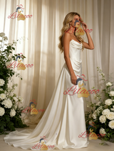 White Mermaid Satin Strapless Pleats Wedding Dress