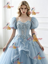 Blue Tulle Puff Sleeve Appliques Prom Dress