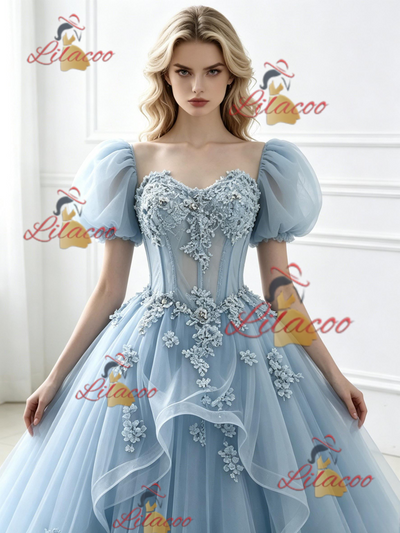 Blue Tulle Puff Sleeve Appliques Prom Dress