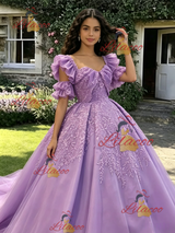 Purple Tulle Straps Appliques Quinceanera Dress