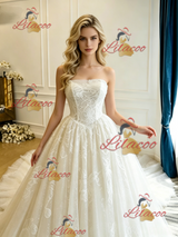 Beige White Tulle Lace Strapless Wedding Dress