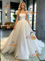 White Sequins Puff Sleeve Wedding Dress