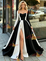 Black White Long Sleve Square Neck Prom Dress