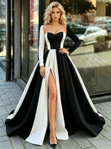 Black White Long Sleve Square Neck Prom Dress