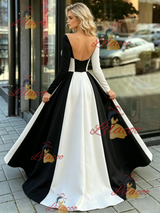 Black White Long Sleve Square Neck Prom Dress