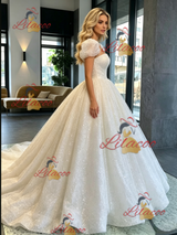 White Sequins Puff Sleeve Wedding Dress