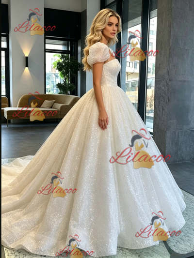 White Sequins Puff Sleeve Wedding Dress