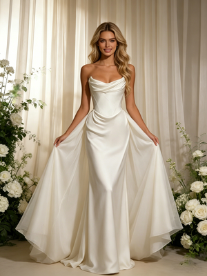 White Mermaid Satin Strapless Pleats Wedding Dress