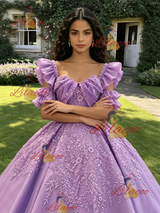 Purple Tulle Straps Appliques Quinceanera Dress