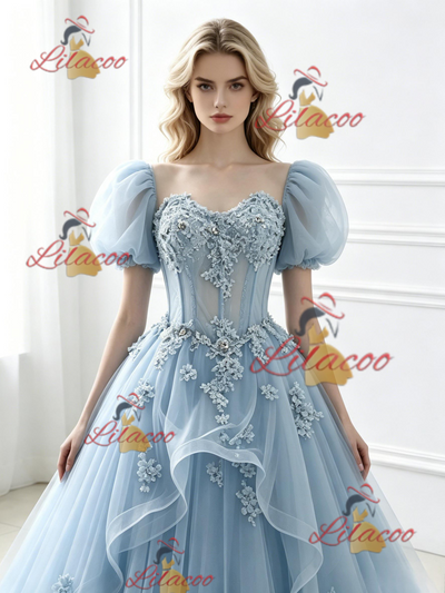 Blue Tulle Puff Sleeve Appliques Prom Dress