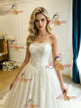 Beige White Tulle Lace Strapless Wedding Dress