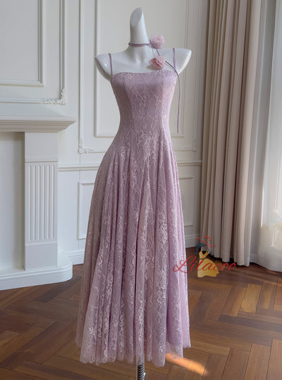 Purple Lace Straps Prom Dress