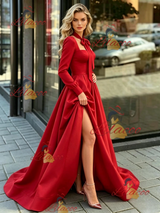 Red Long Sleeve Square Neck Prom Dress