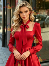 Red Long Sleeve Square Neck Prom Dress